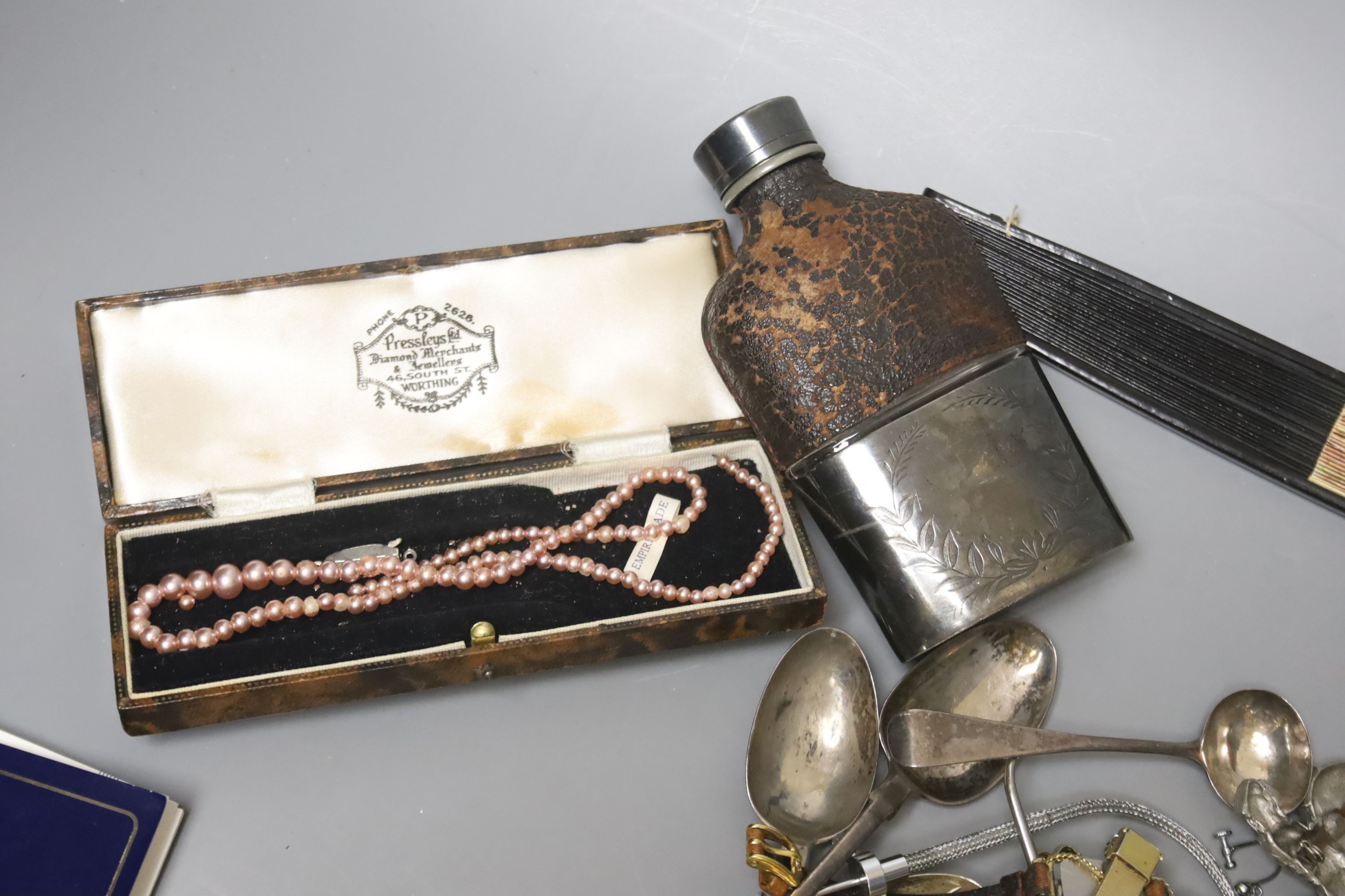 Assorted silver flatware, jewellery, fountain pens and sundries